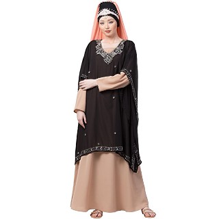 Party wear double layered Embellished abaya- Black-Skin color